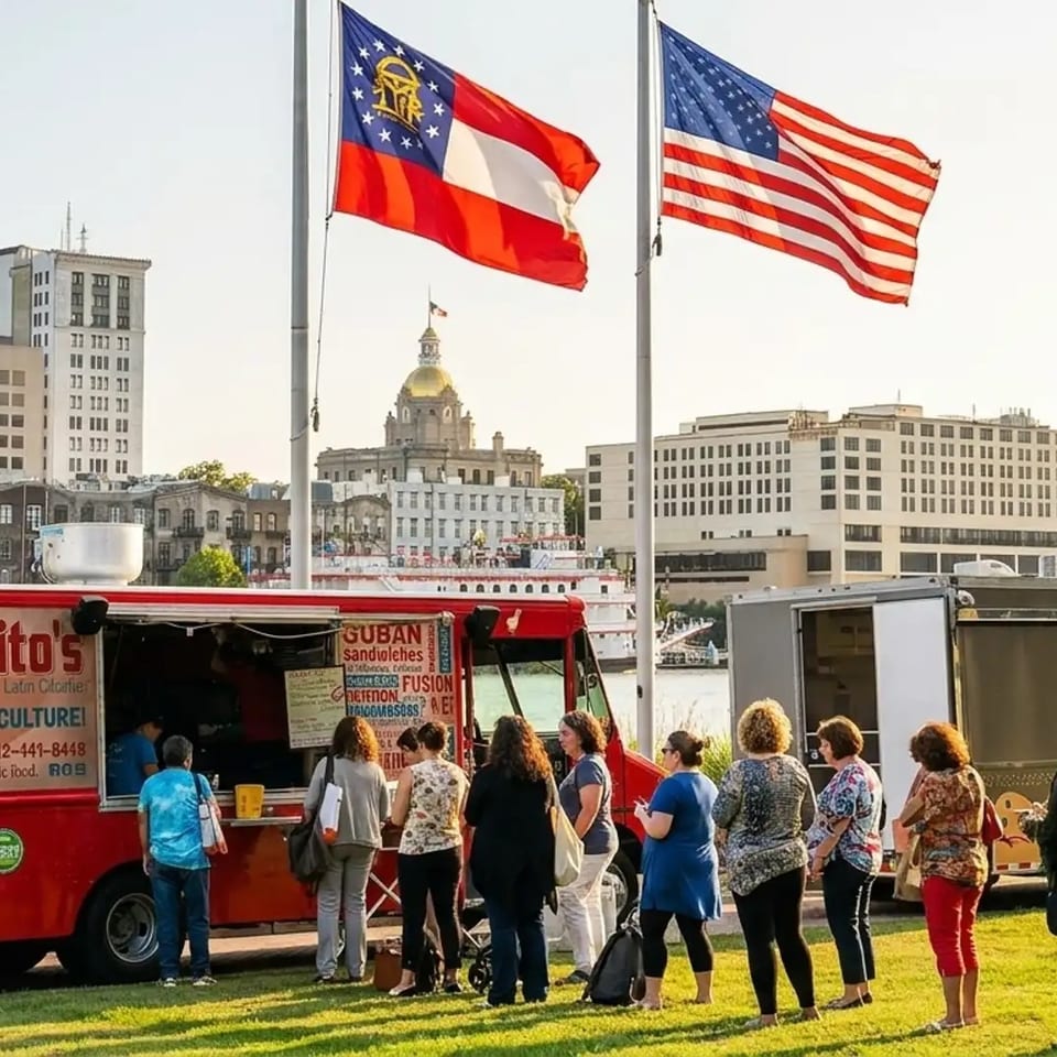 People queue at Chazito’s Latin food truck beside a taco truck, with American and Missouri flags overlooking a city waterfront.