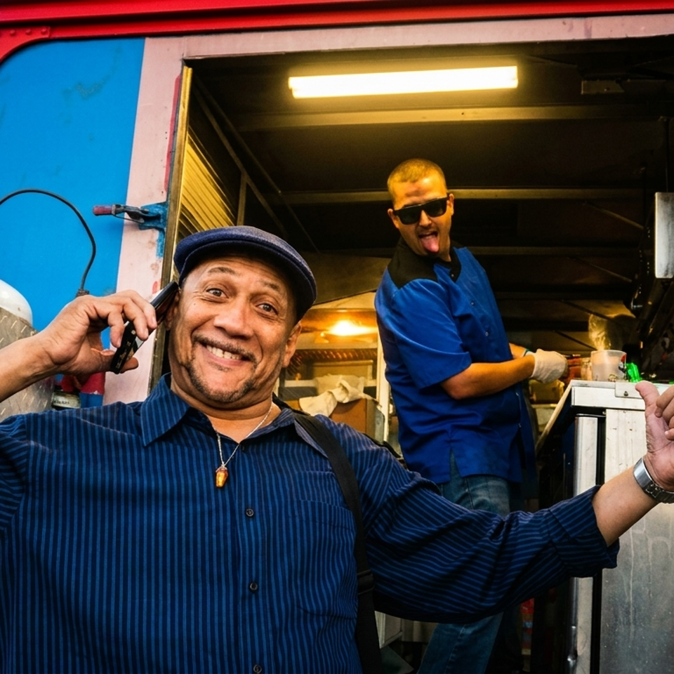 Smiling man in a flat cap poses outside a food truck while a worker in sunglasses prepares food inside.