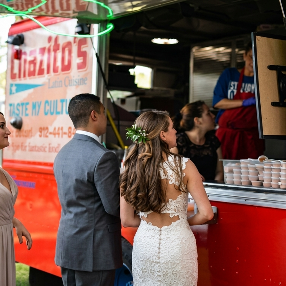 Wedding party members queue at a red Latin cuisine food truck serving tacos and other dishes.