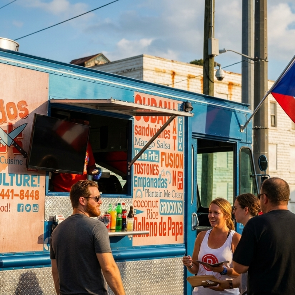 Customers gather at a colorful Caribbean food truck displaying sandwiches, plantains, empanadas, coconut rice, and other menu items.