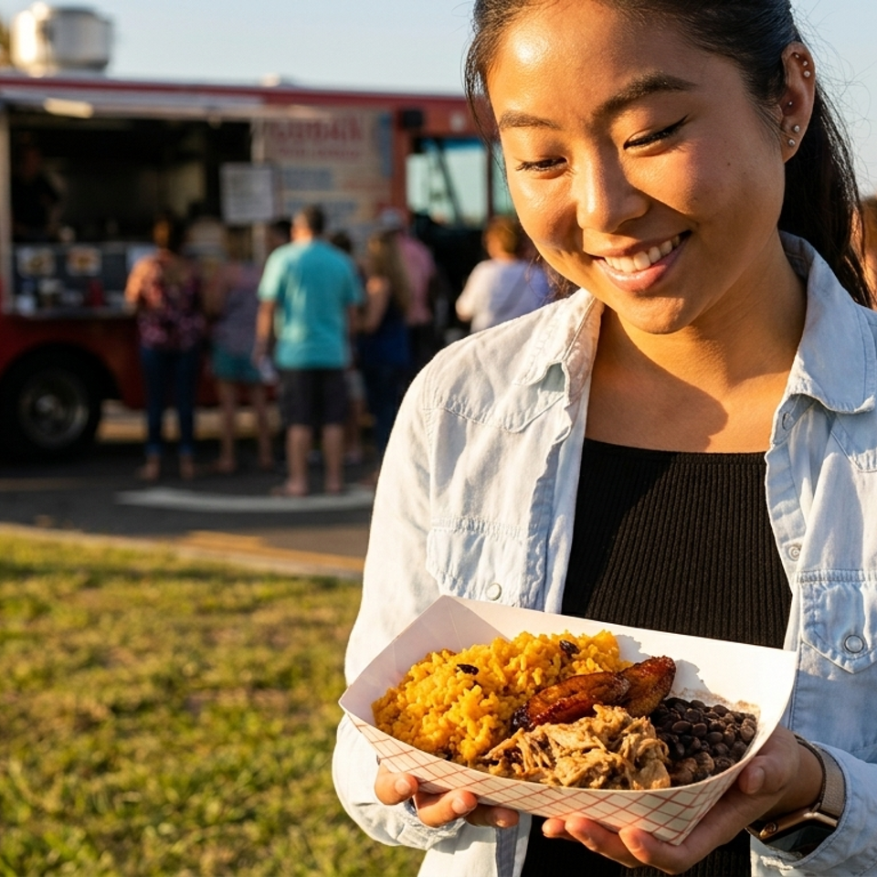Smiling woman holds a plate of rice, beans, pulled pork, and plantains outside a Brazilian food truck.