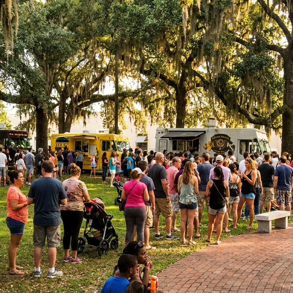Crowd gathers beneath moss-draped oak trees around colorful food trucks in a lively city park.