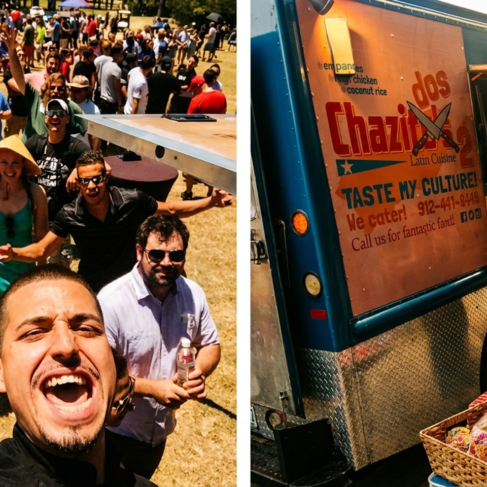 A lively crowd poses beside a colorful Latin cuisine food truck serving empanadas and other street foods.